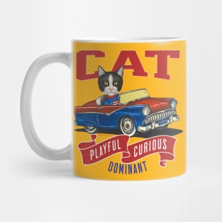 Funny cute kitty cat in a classic retro vintage car with red white and blue flags Mug